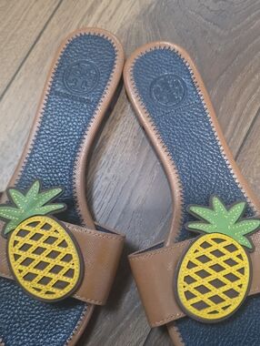 Tory Burch Brown Leather Slides with Yellow and Green Pineapple Appliqués